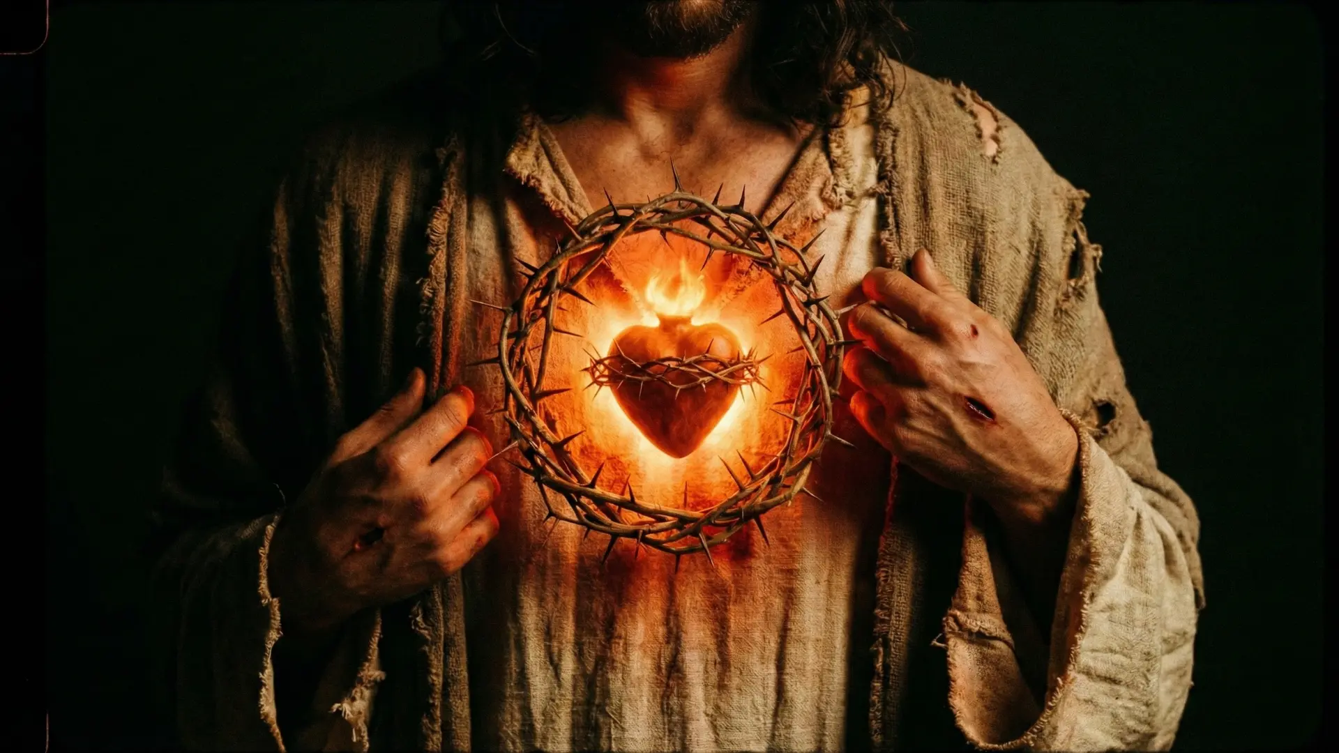 Cœur lumineux de Jésus entouré de flamme et couronne d’épines, symbole de l’amour divin.