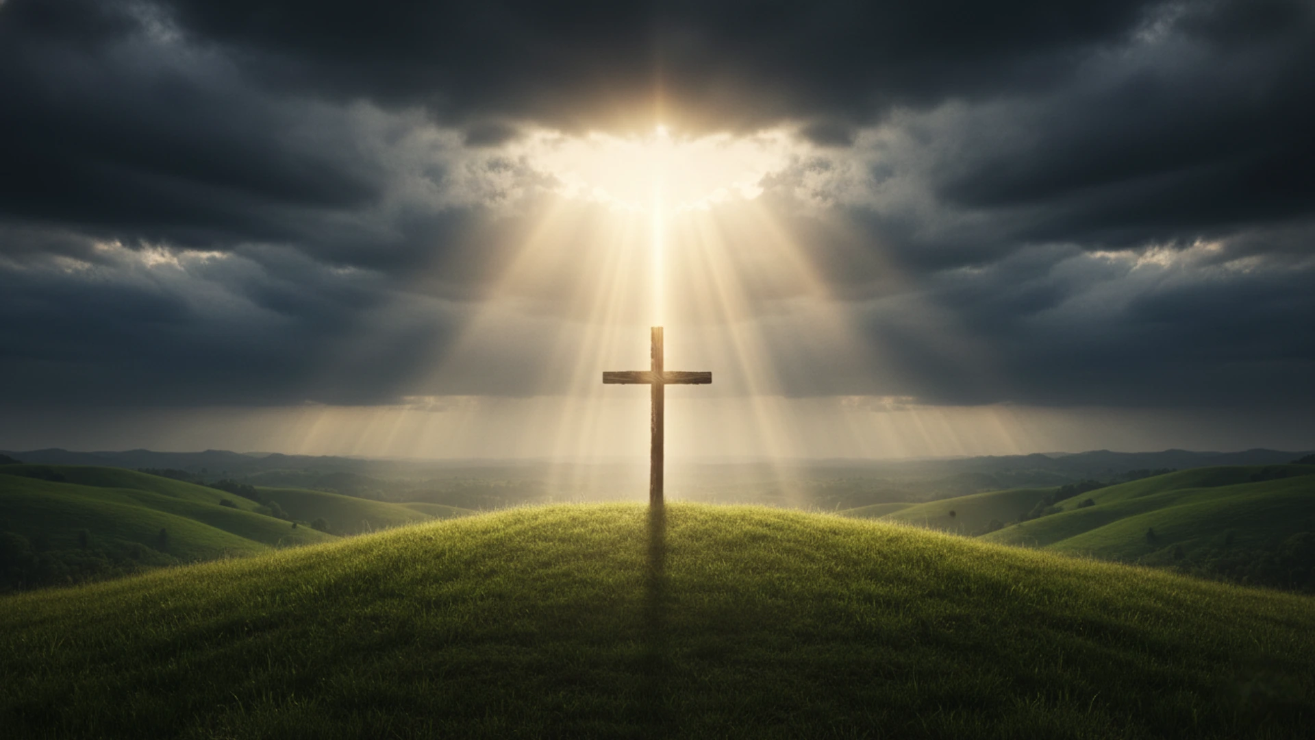Croix de Jésus seule sur une colline éclairée par un rayon de soleil.