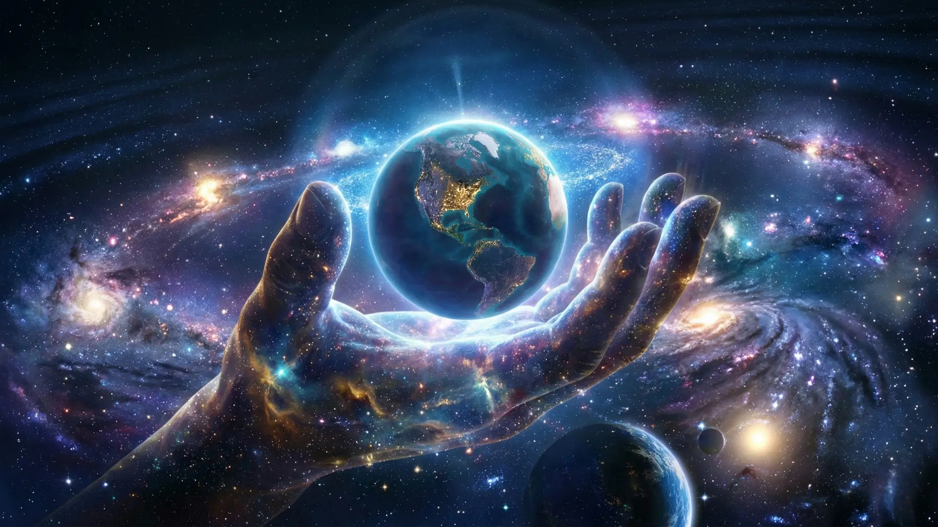 Main lumineuse de Dieu tenant la Terre dans l’univers, symbole de la création divine.