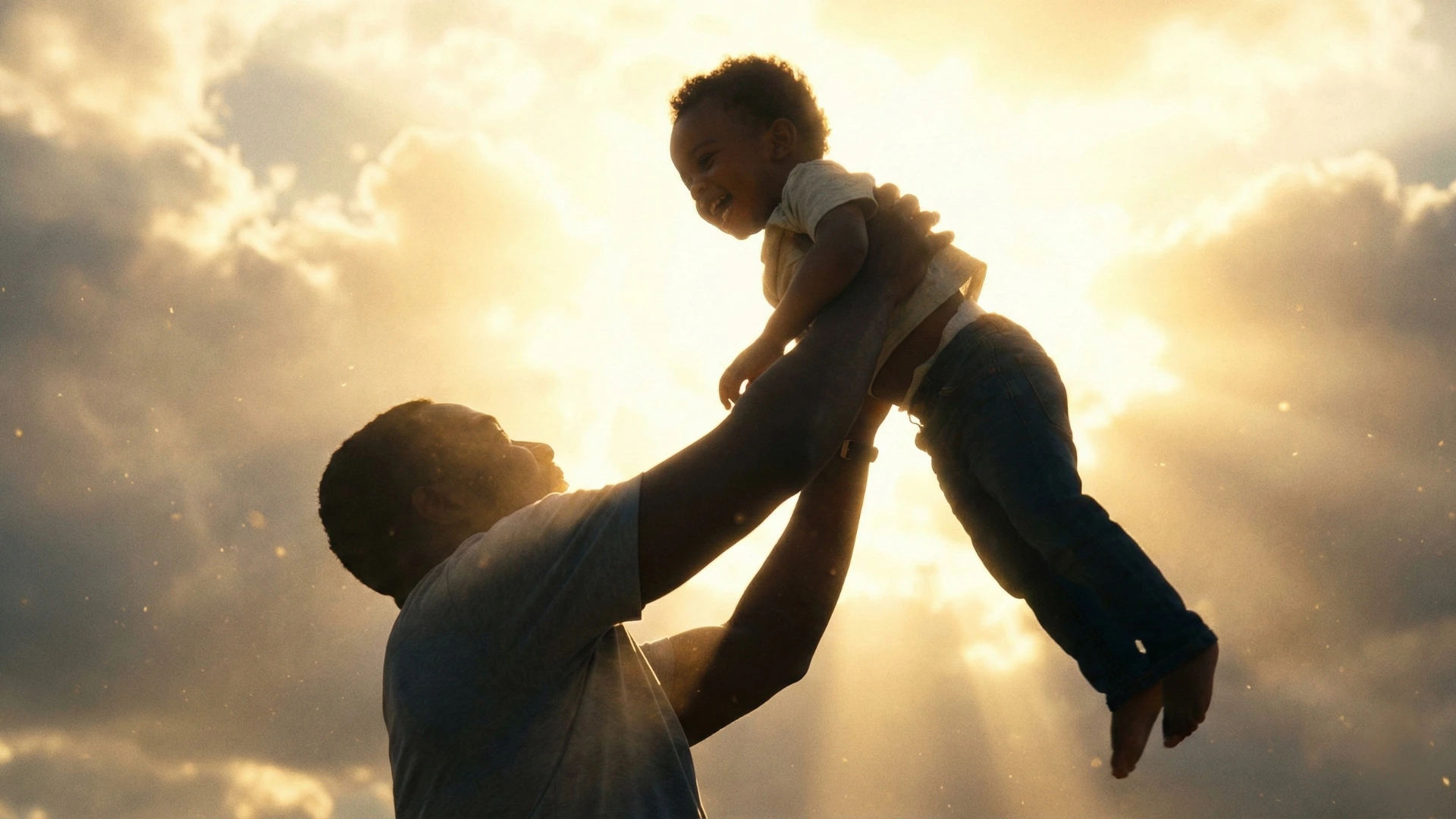 Père levant son enfant dans une lumière dorée, symbole de l’amour du Père céleste.