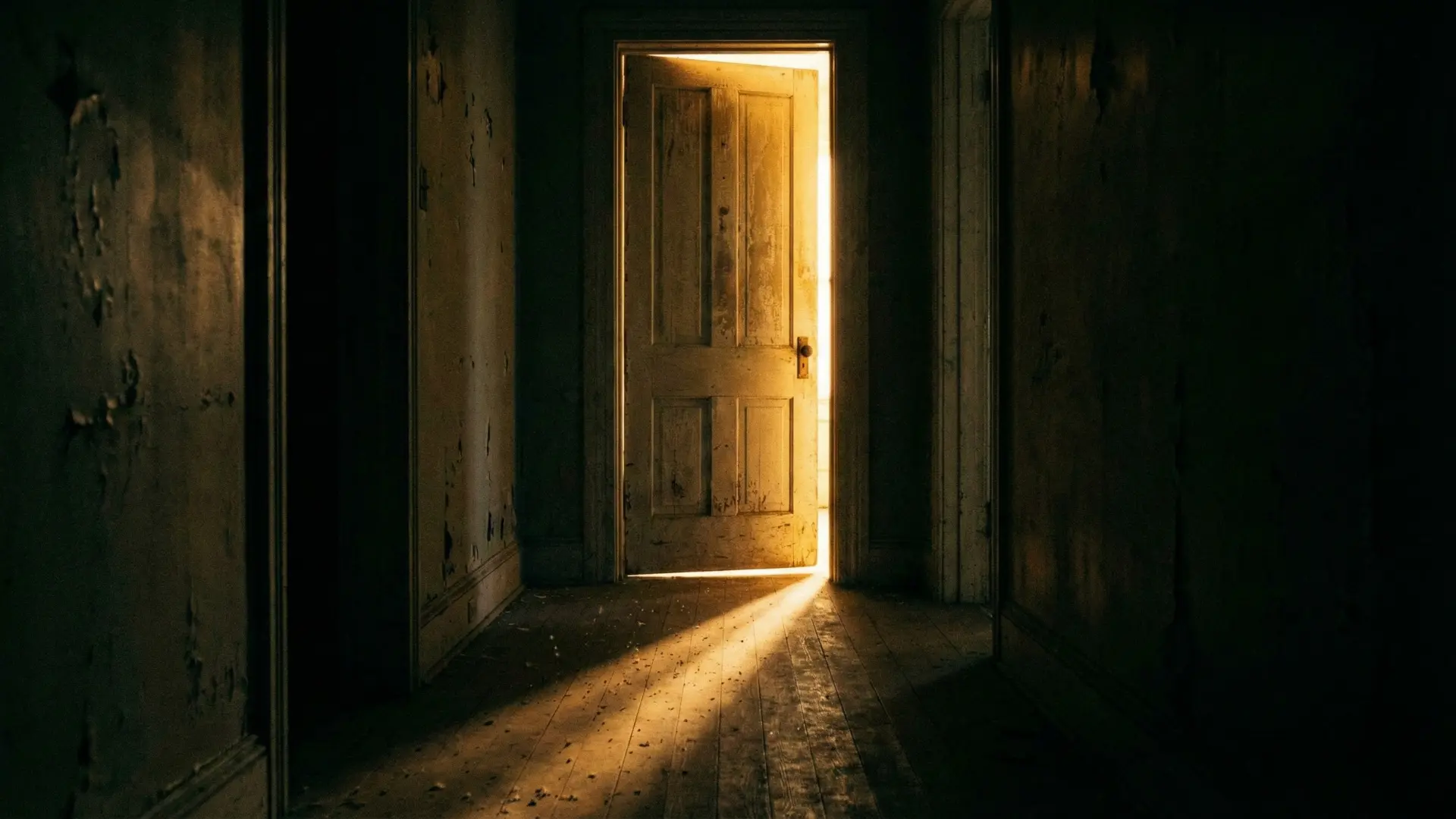 Porte entrouverte laissant passer une lumière dorée, symbolisant l’appel de Dieu.