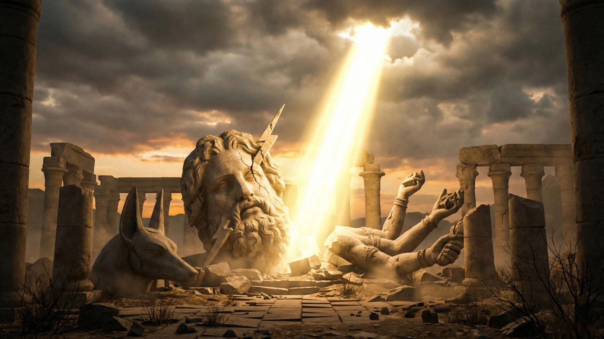 Lumière céleste triomphant au-dessus de statues de dieux antiques brisées, symbolisant le vrai Dieu.