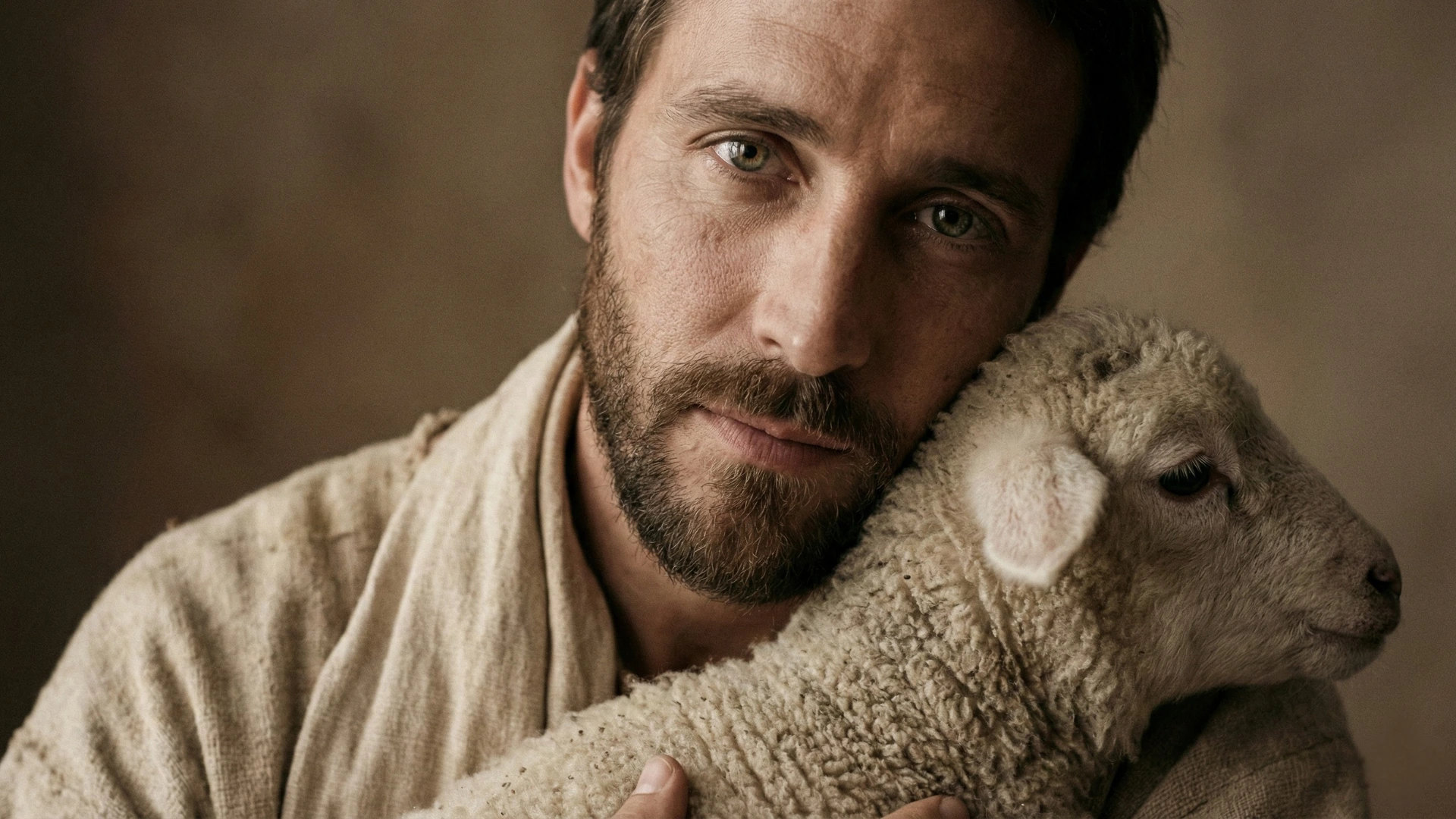 Jésus tenant un agneau, regard doux et lumineux.