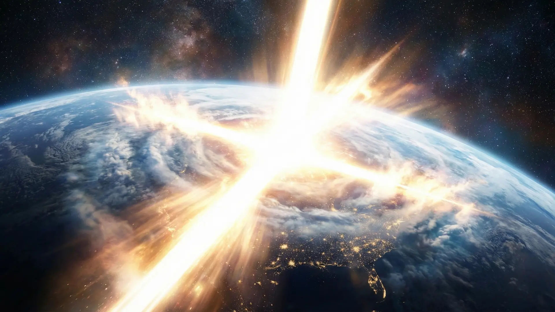 Rayon de lumière en forme de croix descendant sur le monde, symbolisant la gloire de Dieu révélée en Jésus.