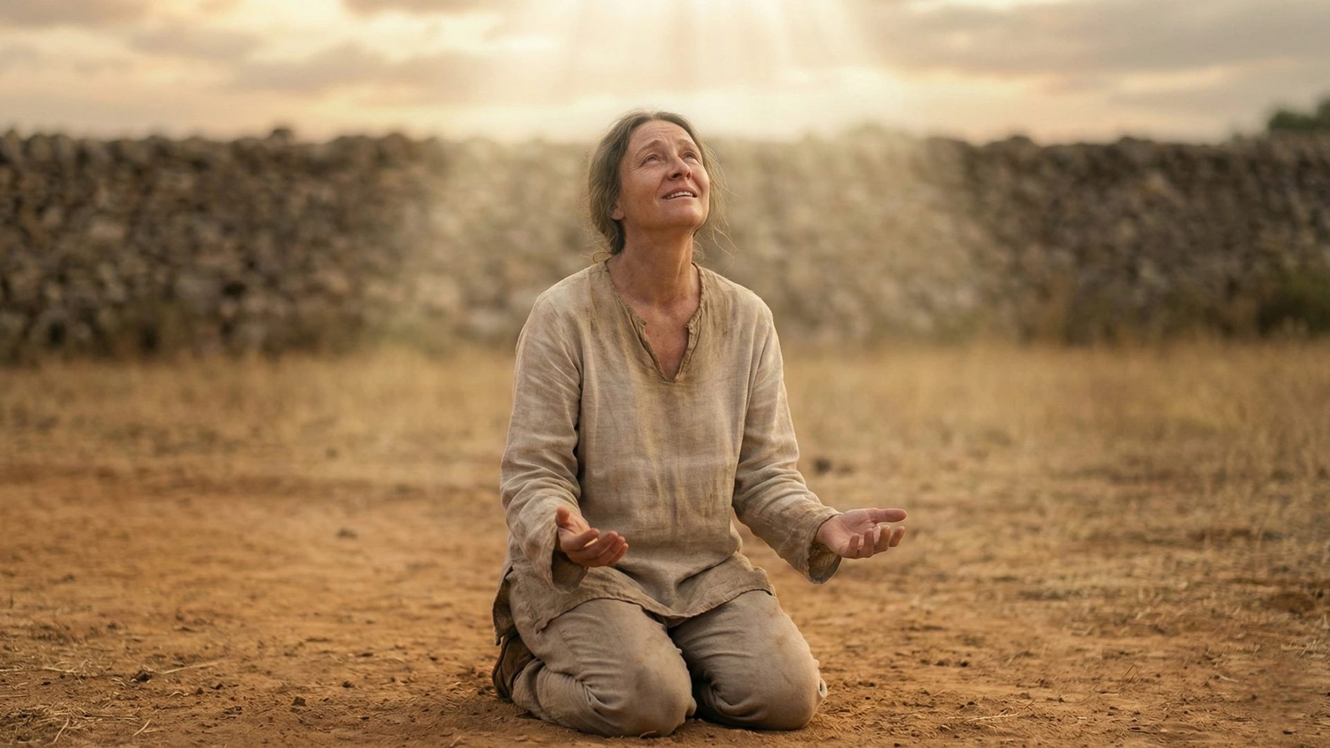 Lumière dorée descendant sur une personne à genoux, symbolisant la grâce et le pardon de Dieu.