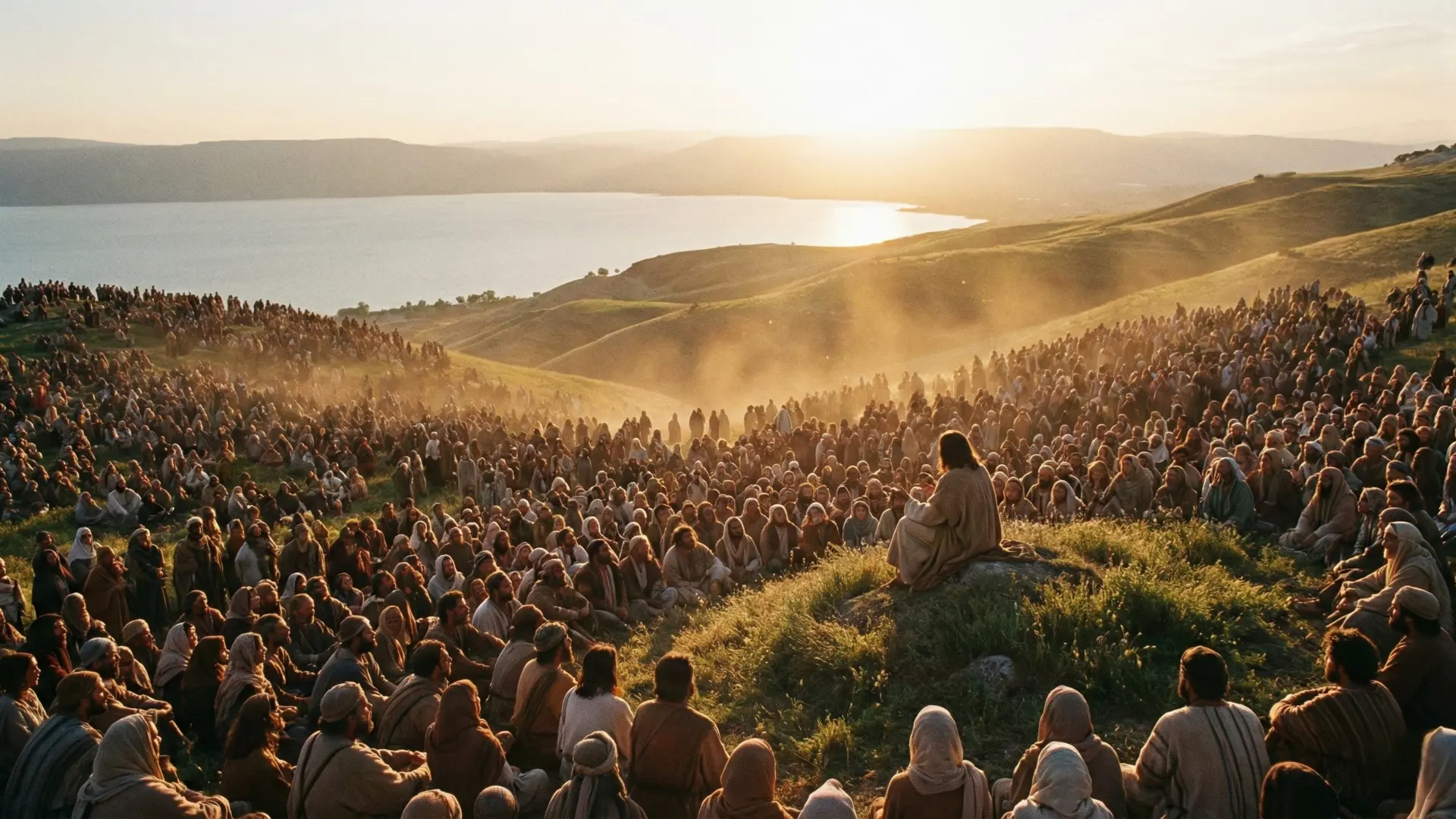 Jésus enseignant une foule sur une colline, éclairé d’une lumière douce.