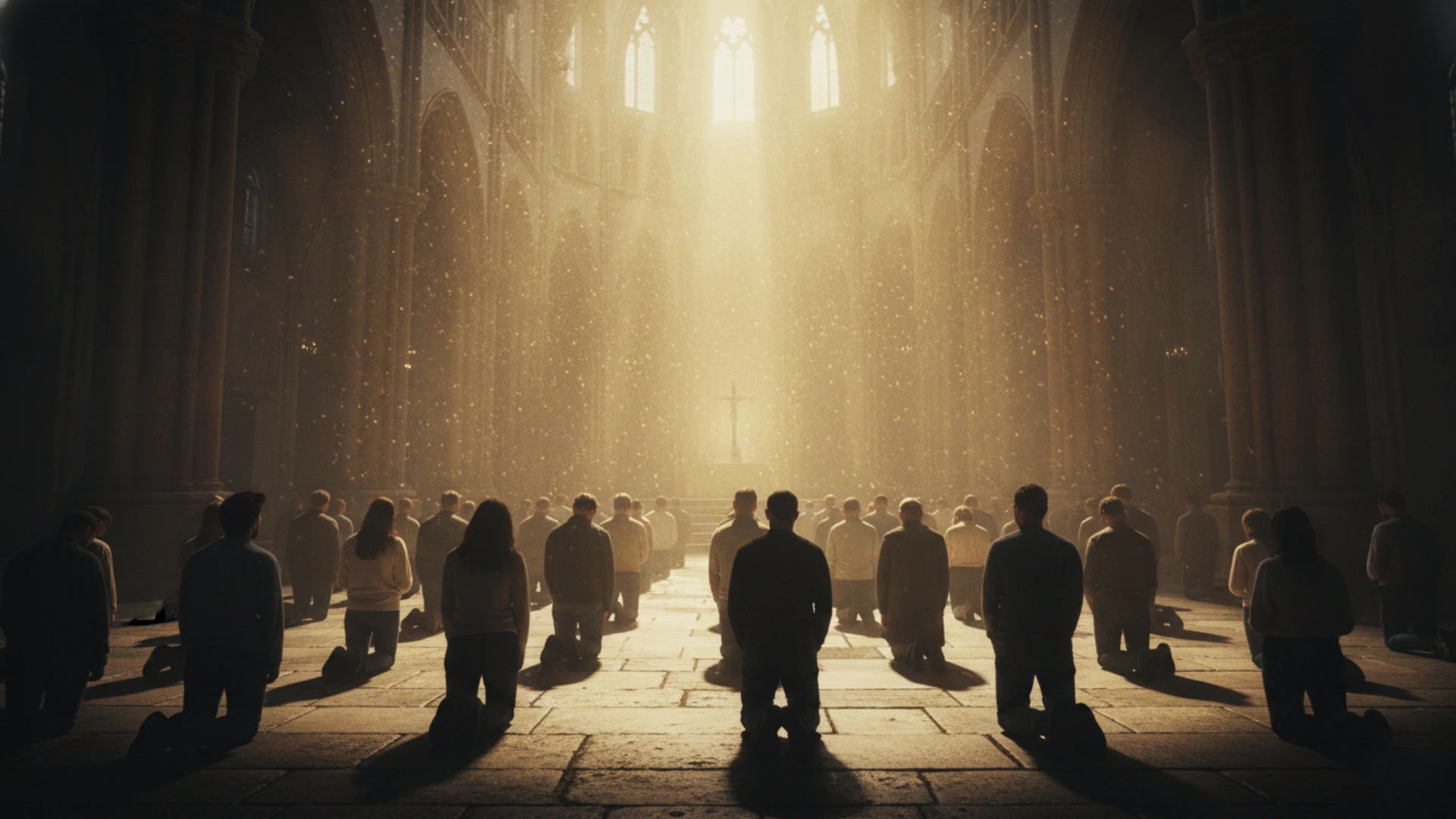 Communauté en prière sous une lumière céleste symbolisant la présence de Jésus.