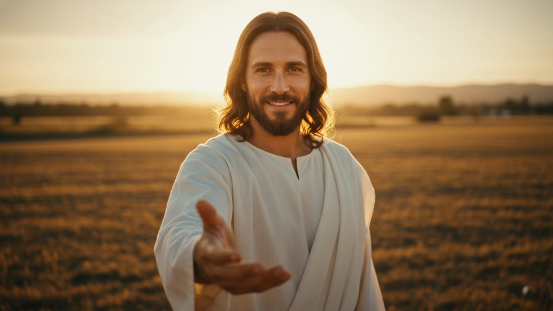 Jésus tendant la main vers quelqu’un, dans une lumière chaleureuse.