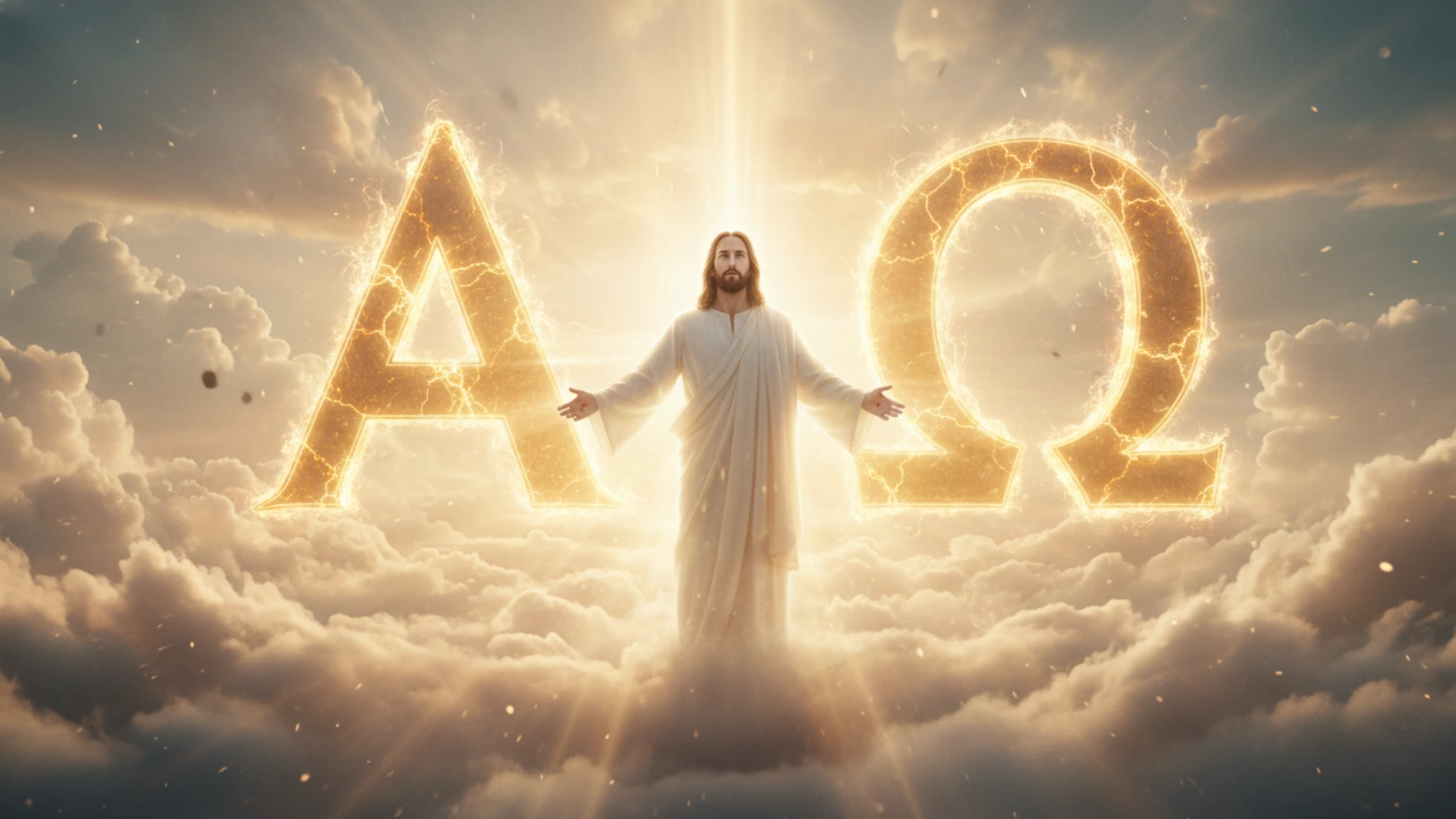 Jésus glorifié dans une lumière dorée, Alpha et Oméga.
