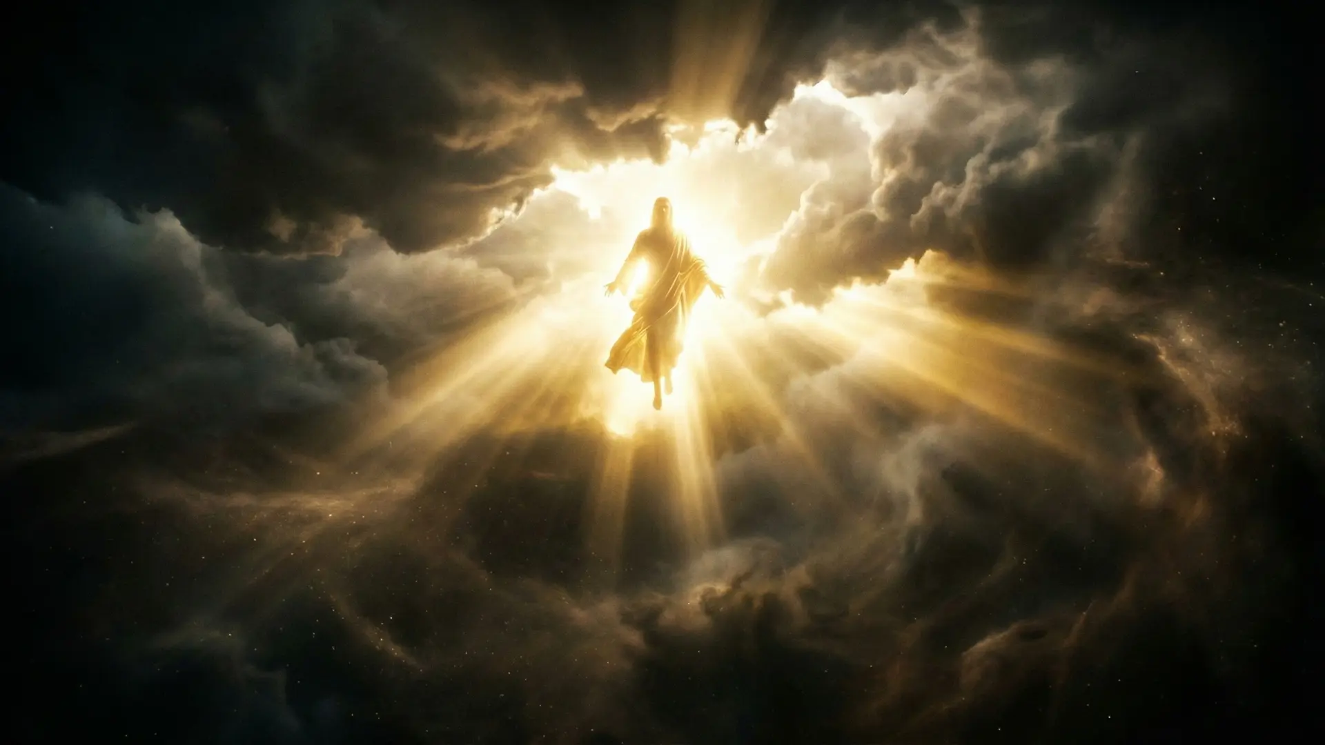 Jésus rayonnant de lumière céleste descendant dans les ténèbres, symbolisant la Parole faite chair.