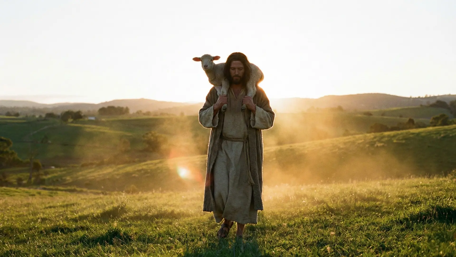 Jésus portant un agneau sur ses épaules, éclairé d’une lumière douce symbolisant le salut.