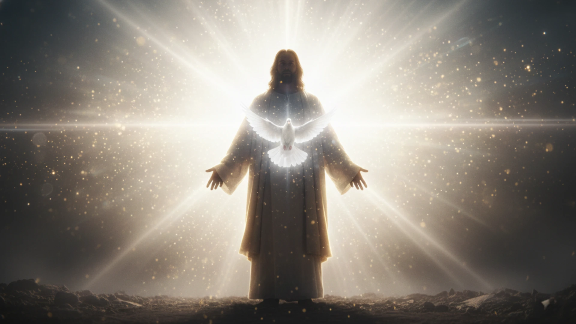 Jésus debout dans la lumière avec une colombe blanche au-dessus.