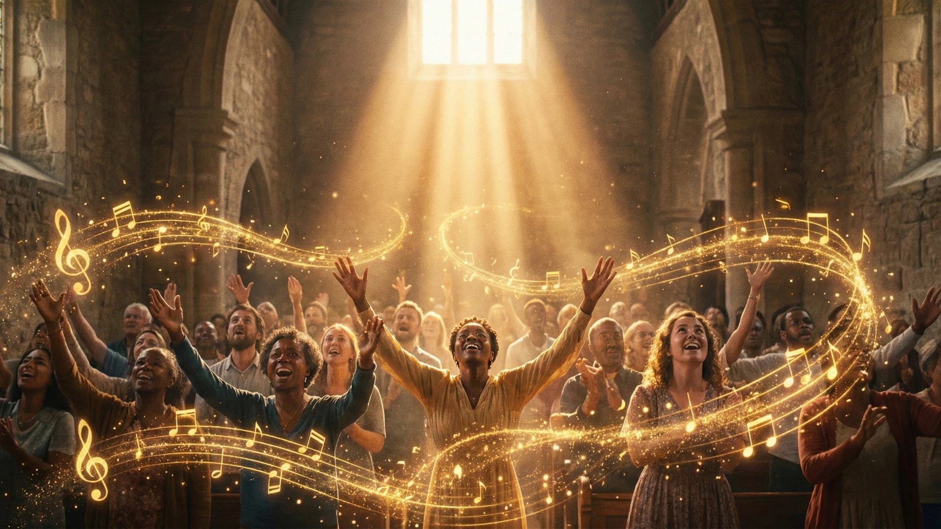 Groupe de croyants levant les mains vers un ciel lumineux en louange à Dieu