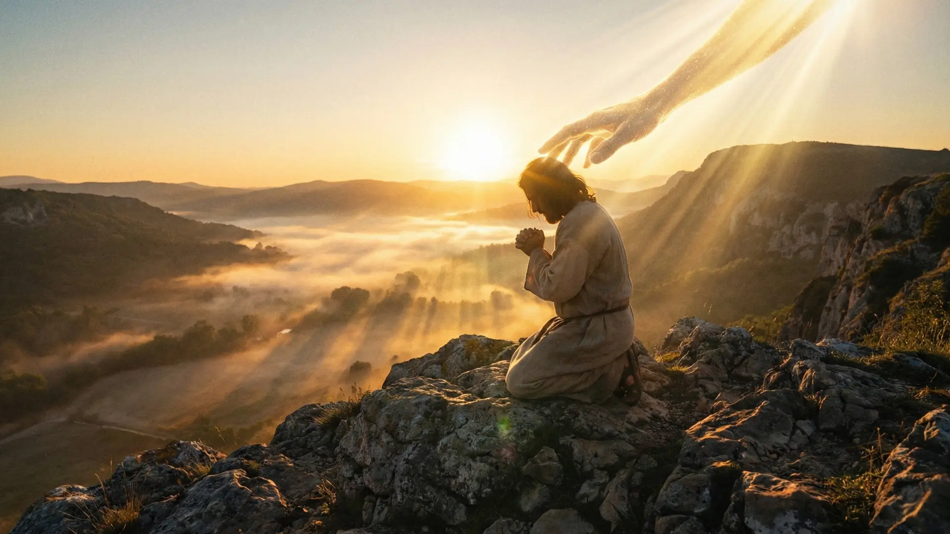 Main lumineuse descendant du ciel et touchant une personne en prière, symbolisant la protection de Dieu.
