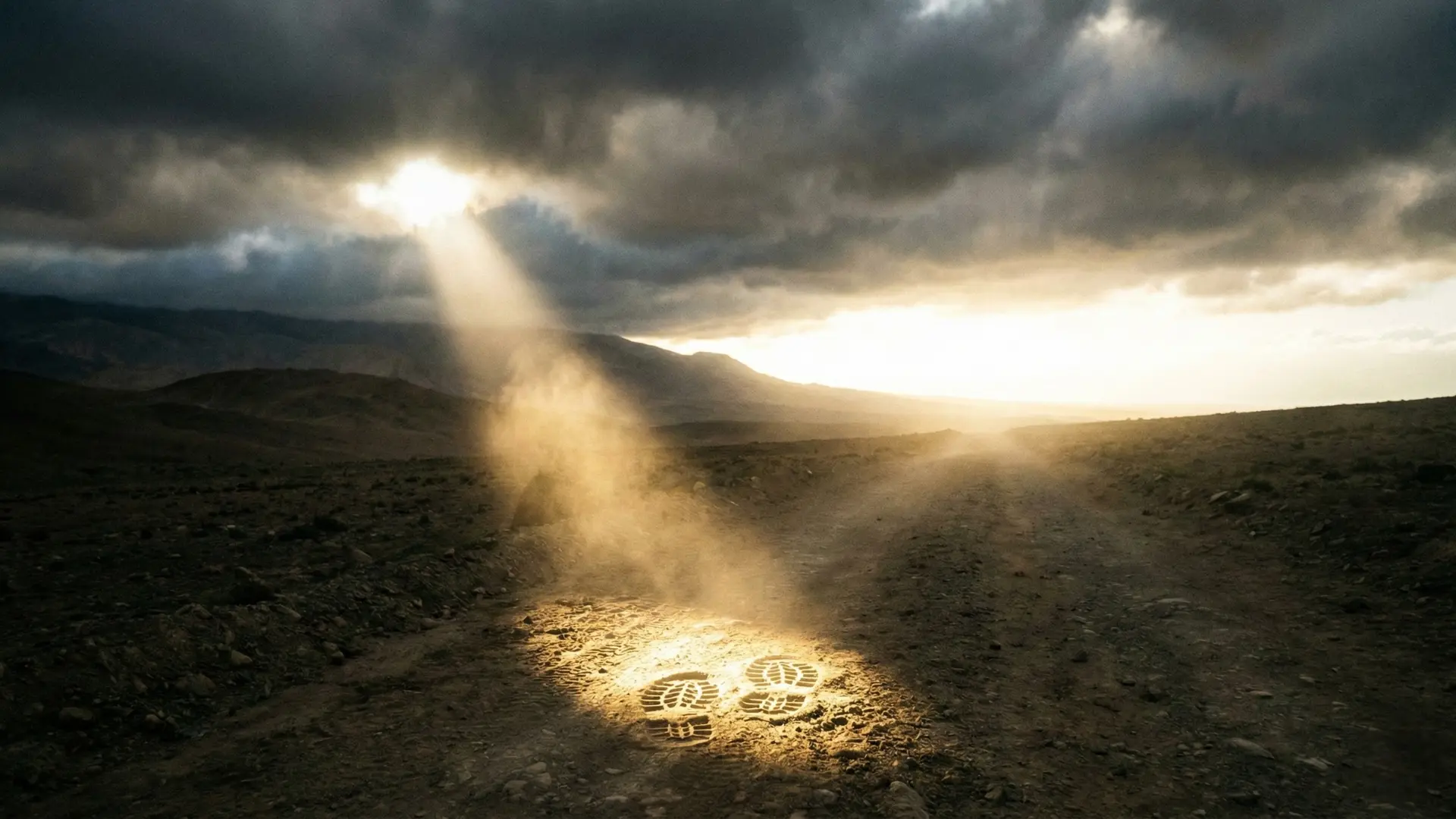 Deux empreintes de pas dans une lumière douce, symbolisant la marche quotidienne avec Dieu.