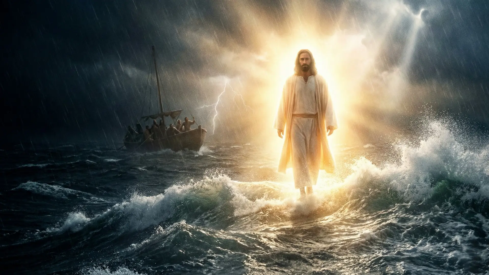 Jésus marchant sur l’eau entouré de lumière divine.