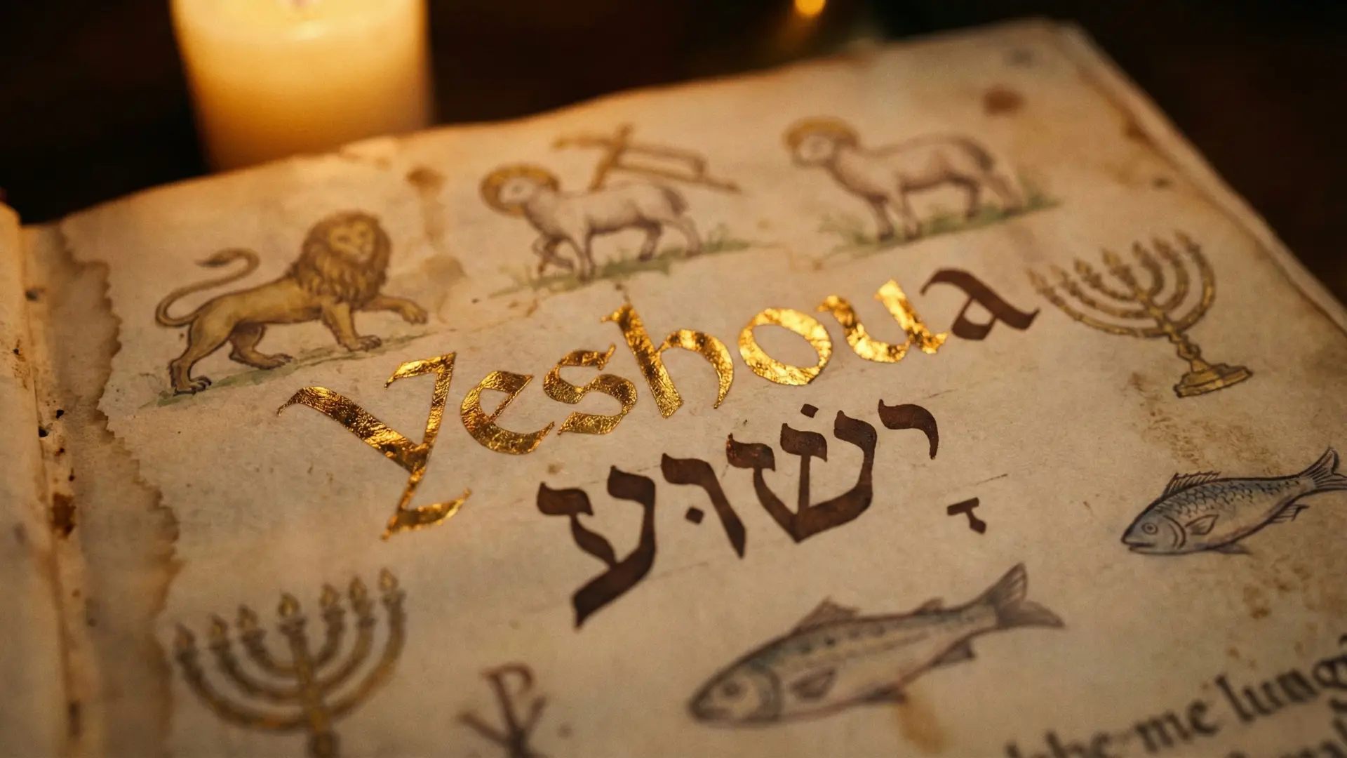 Parchemin ancien illuminé révélant le nom Yeshoua, symbole biblique du nom de Jésus qui sauve.