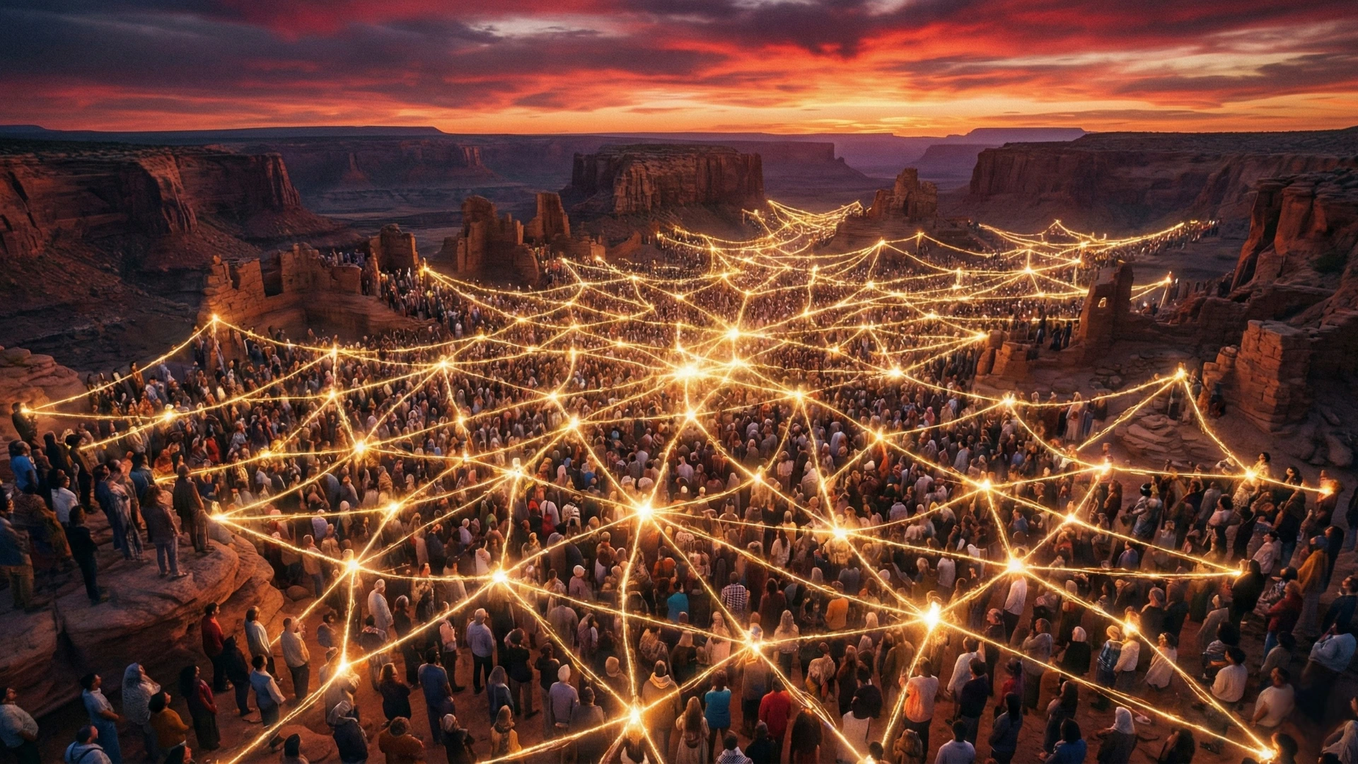 Réseau d’êtres humains reliés par une lumière divine, symbolisant l’œuvre de Dieu dans le monde.