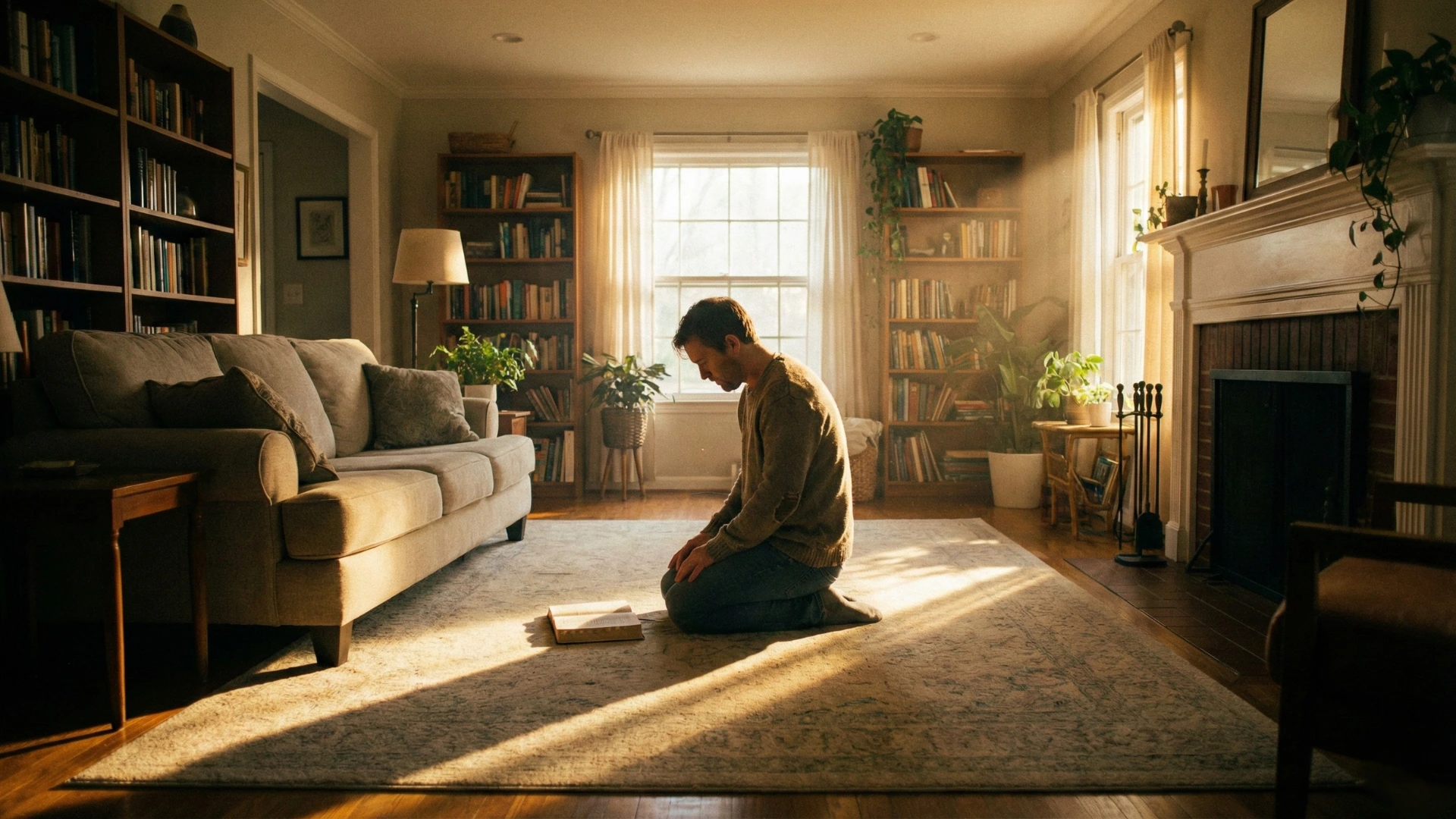 Personne en prière dans une lumière du matin, Bible ouverte devant elle.