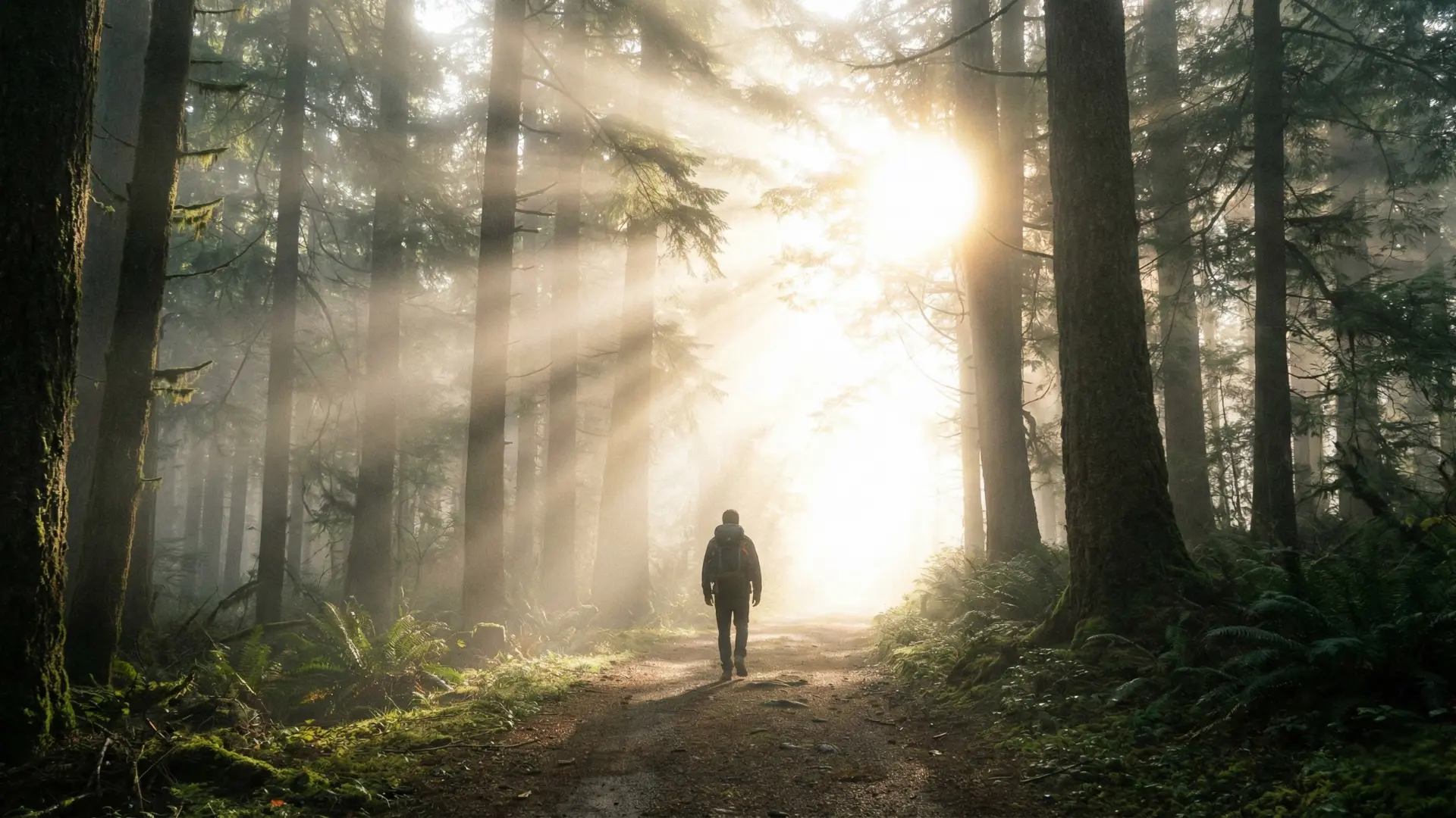 Personne marchant dans une forêt lumineuse vers un éclat céleste, symbolisant la recherche de Dieu.