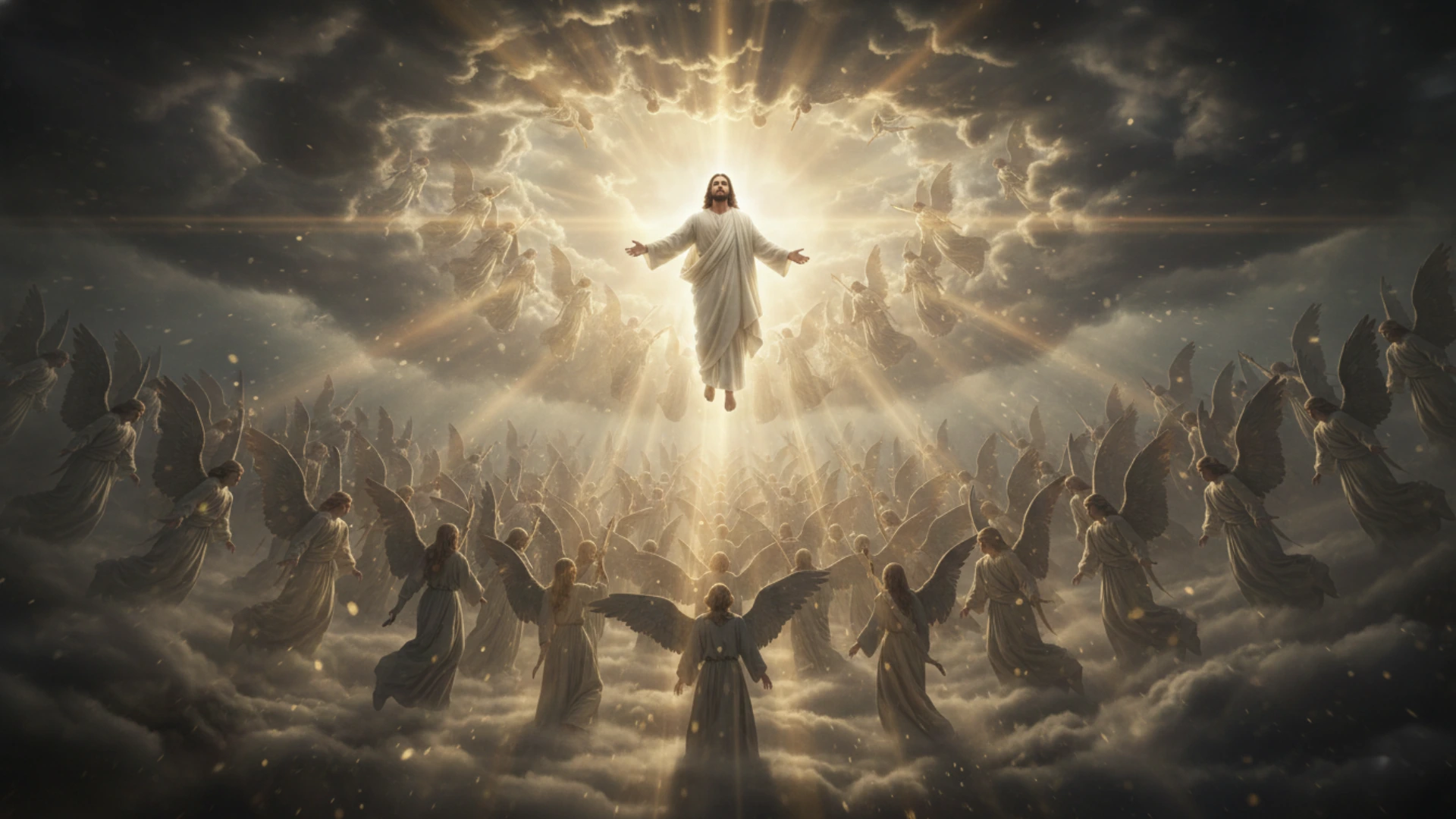 Jésus revenant dans les nuées entouré de lumière et d’anges.