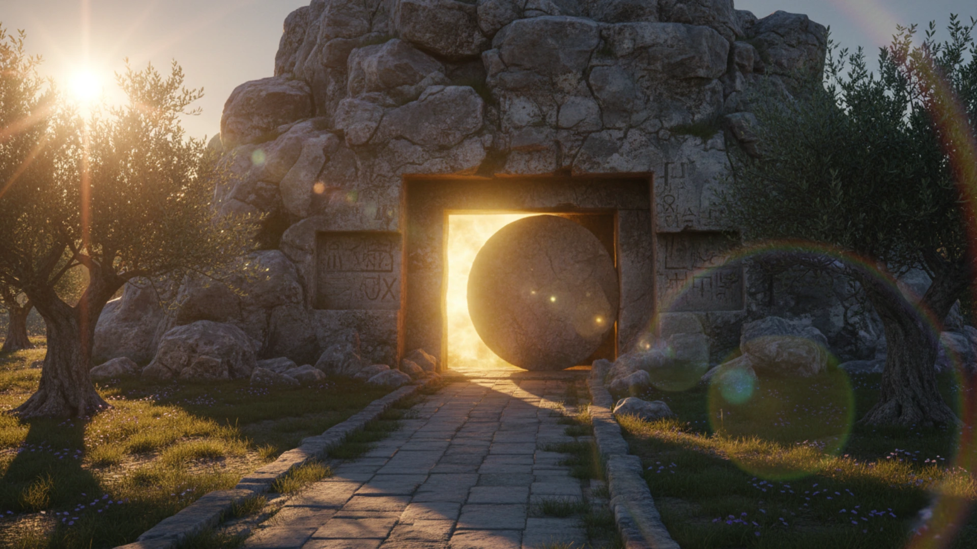 Tombeau vide baigné de lumière, symbole de la résurrection de Jésus.